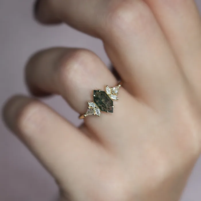 Tori Hexagon Moss Agate Ring With Accent Diamonds Capucinne Rings