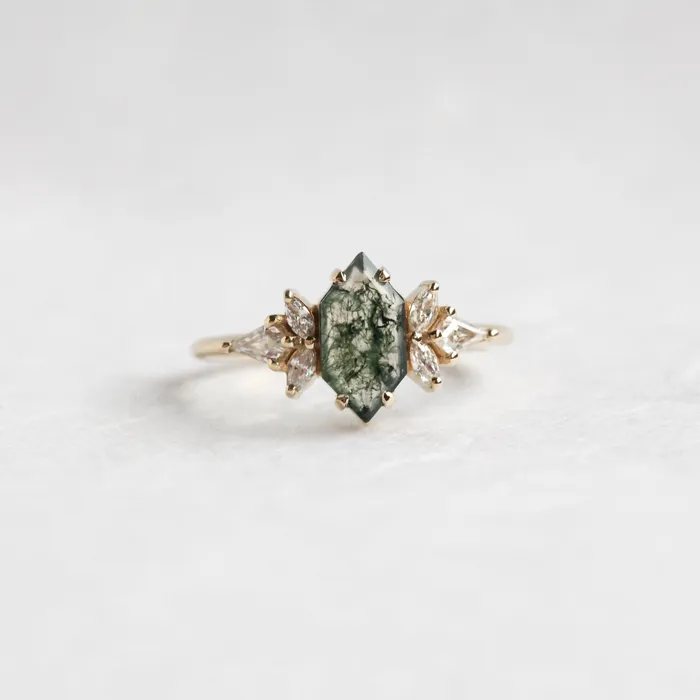 Tori Hexagon Moss Agate Ring With Accent Diamonds Capucinne Rings