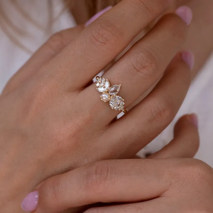 ARTEMER Rings Rose Cut Diamond Ring with Freshwater Pearl Diamond Butterfly