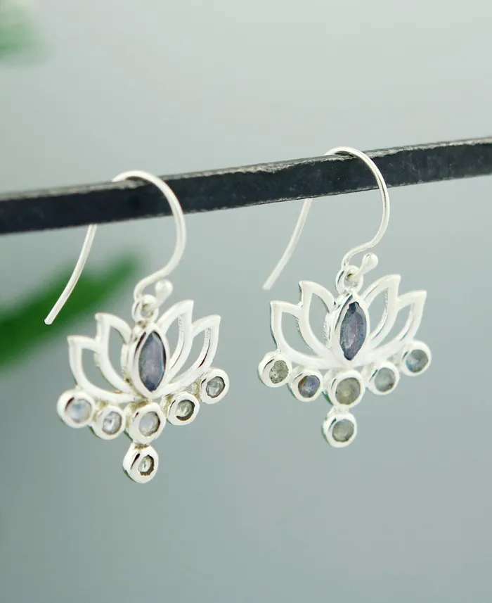 Buddha Groove Earrings Labradorite and Sterling Silver Lotus Earrings