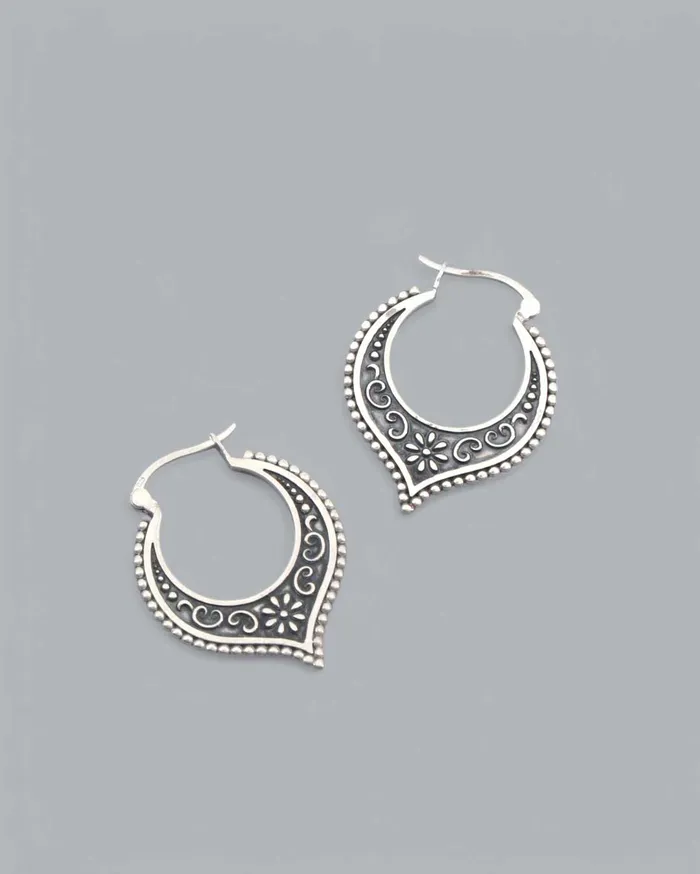 Earrings Cultural Elements Antique Sterling Silver Lotus Petal Hoop Earrings