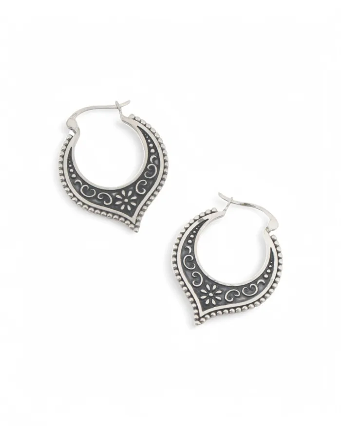 Earrings Cultural Elements Antique Sterling Silver Lotus Petal Hoop Earrings