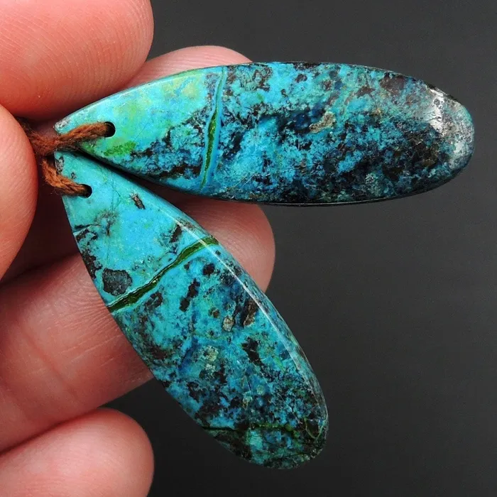 Earrings Drilled Parrot Wing Chrysocolla Earring Pair Matched Long Teardrop Cabochon Natural Blue Green Chrysocolla Gemstone Stone Bead Pair E3164 Intrinsic Trading
