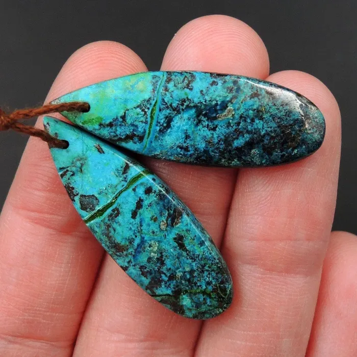 Earrings Drilled Parrot Wing Chrysocolla Earring Pair Matched Long Teardrop Cabochon Natural Blue Green Chrysocolla Gemstone Stone Bead Pair E3164 Intrinsic Trading
