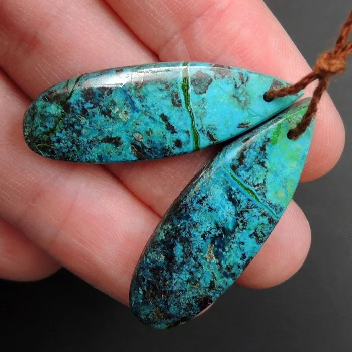 Earrings Drilled Parrot Wing Chrysocolla Earring Pair Matched Long Teardrop Cabochon Natural Blue Green Chrysocolla Gemstone Stone Bead Pair E3164 Intrinsic Trading