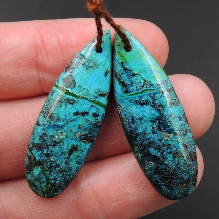 Earrings Drilled Parrot Wing Chrysocolla Earring Pair Matched Long Teardrop Cabochon Natural Blue Green Chrysocolla Gemstone Stone Bead Pair E3164 Intrinsic Trading