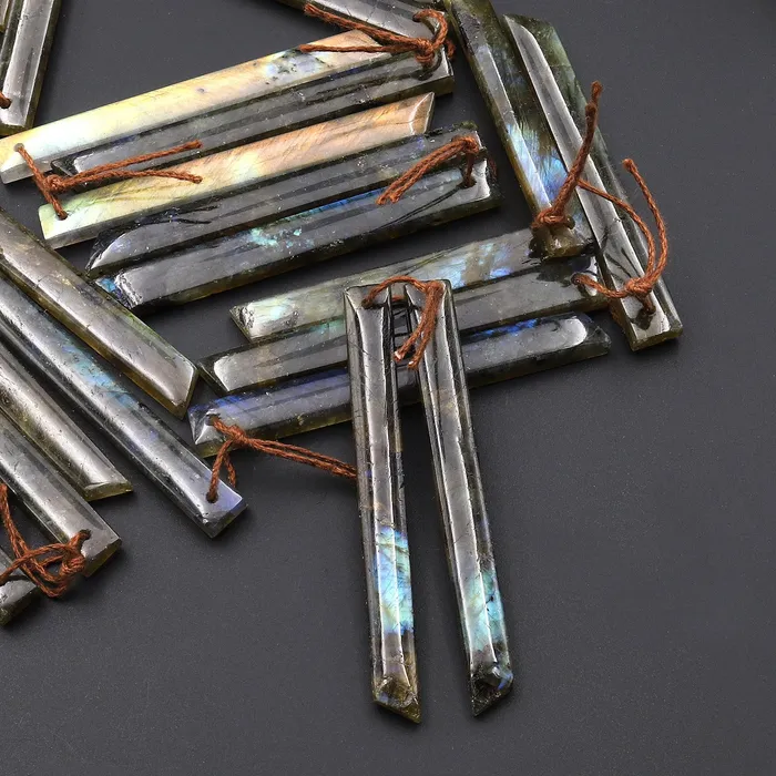 Earrings Intrinsic Trading Natural Labradorite Earring Pair Thin Long Beveled Rectangle Spick Drilled Matched Gemstone Beads