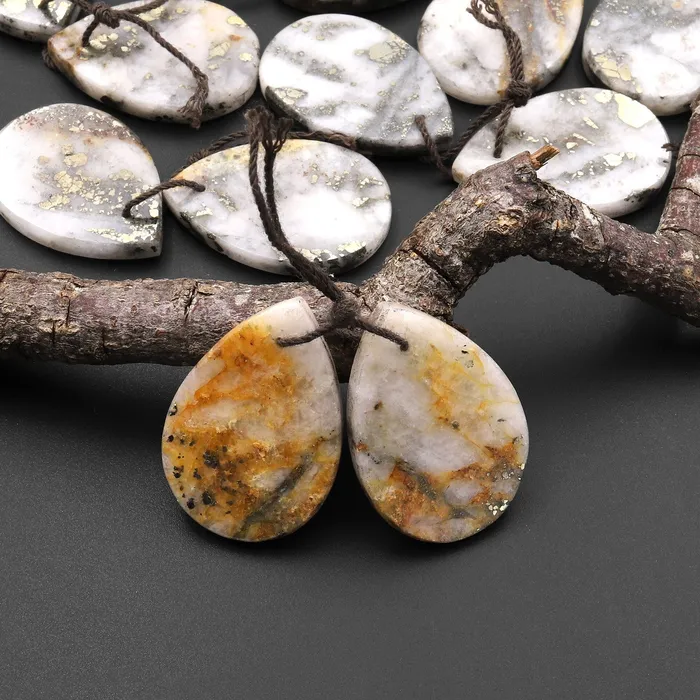 Earrings Intrinsic Trading Rare Natural Golden Pyrite in Quartz Earring Pair Flat Teardrop Cabochon Pair Drilled Matched Gemstone Beads A3 Earrings Intrinsic Trading Rare Natural Golden Pyrite in Quartz Earring Pair Flat Teardrop Cabochon Pair Drilled Matched Gemstone Beads A3