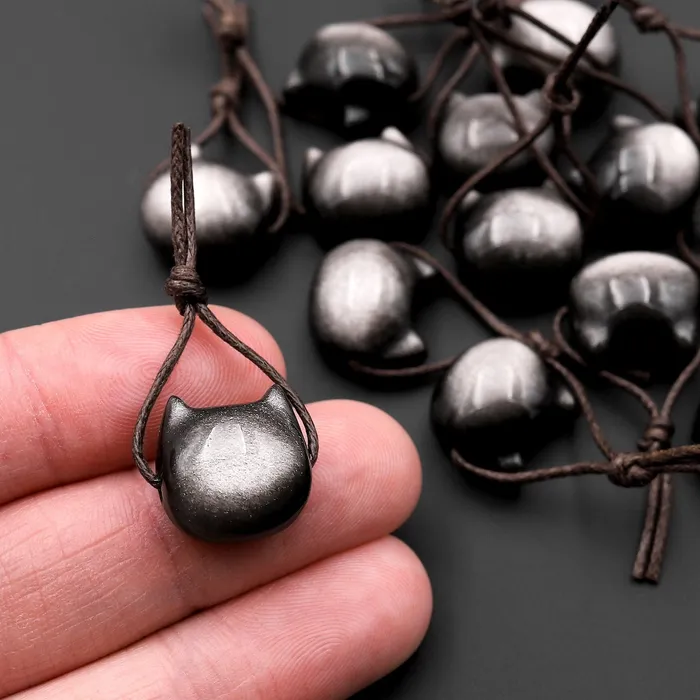 Intrinsic Trading AAA Carved Natural Silver Obsidian Kitty Cat Face Pendant Gemstone Side Drilled Focal Bead Necklaces Intrinsic Trading AAA Carved Natural Silver Obsidian Kitty Cat Face Pendant Gemstone Side Drilled Focal Bead Necklaces