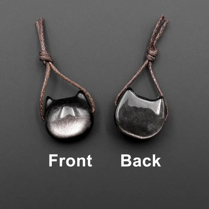 Intrinsic Trading AAA Carved Natural Silver Obsidian Kitty Cat Face Pendant Gemstone Side Drilled Focal Bead Necklaces