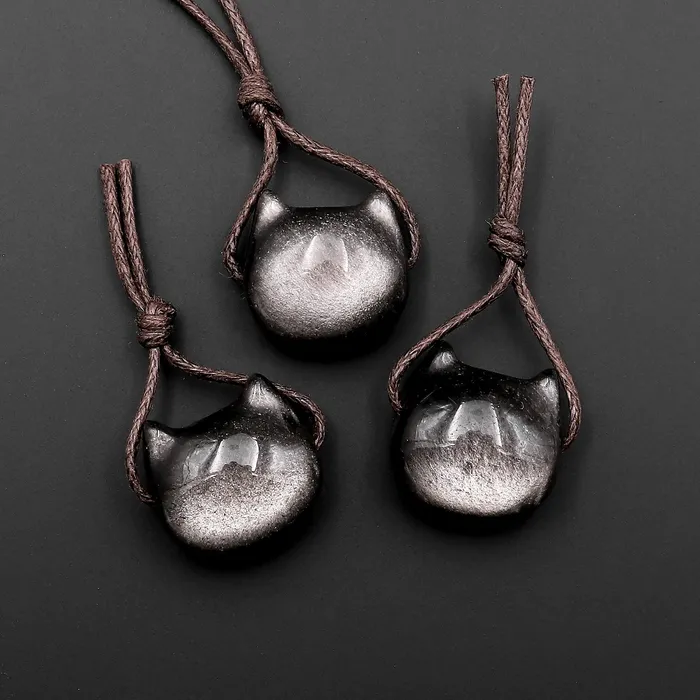 Intrinsic Trading AAA Carved Natural Silver Obsidian Kitty Cat Face Pendant Gemstone Side Drilled Focal Bead Necklaces