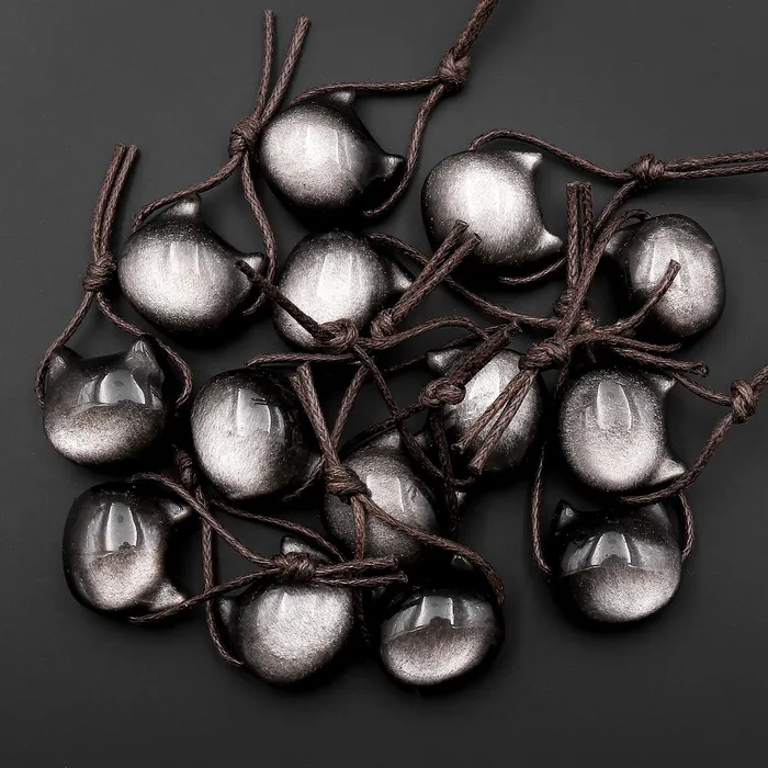 Intrinsic Trading AAA Carved Natural Silver Obsidian Kitty Cat Face Pendant Gemstone Side Drilled Focal Bead Necklaces