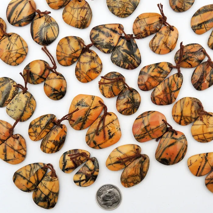 Intrinsic Trading Earrings Drilled Rare Natural Utah Black Feather Jasper Earring Cabochon Cab Pair Freeform Matched Bead Pair American Jasper