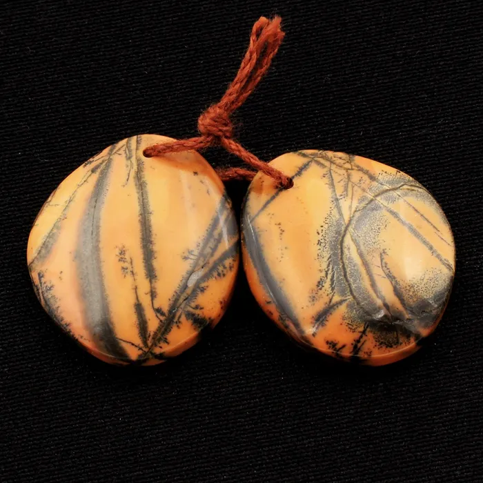 Intrinsic Trading Earrings Drilled Rare Natural Utah Black Feather Jasper Earring Cabochon Cab Pair Freeform Matched Bead Pair American Jasper