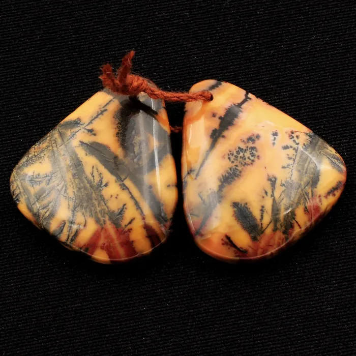 Intrinsic Trading Earrings Drilled Rare Natural Utah Black Feather Jasper Earring Cabochon Cab Pair Freeform Matched Bead Pair American Jasper