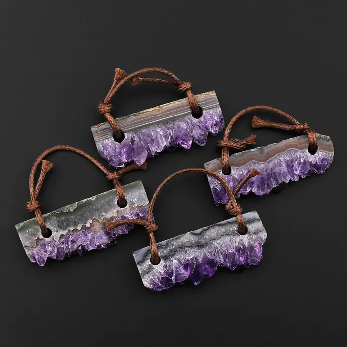 Intrinsic Trading Necklaces 2 Hole Pendant Natural Purple Amethyst Crystal Stalactite Druzy Slender Rectangle