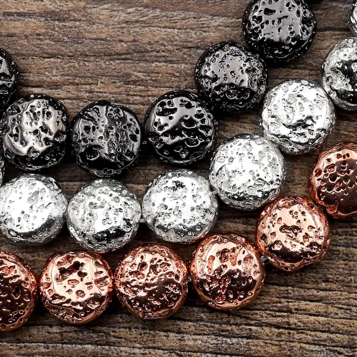 Intrinsic Trading Necklaces Titanium Lava Coin Bead 12mm Natural Volcanic Rock Stone Metallic Silver Black Gunmetal Rose Gold Plated 155 Strand Intrinsic Trading Necklaces Titanium Lava Coin Bead 12mm Natural Volcanic Rock Stone Metallic Silver Black Gunmetal Rose Gold Plated 155 Strand