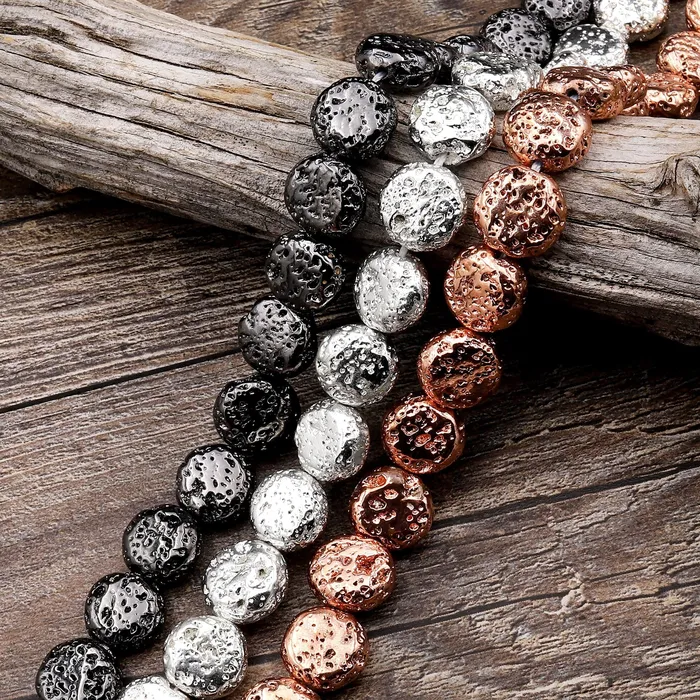 Intrinsic Trading Necklaces Titanium Lava Coin Bead 12mm Natural Volcanic Rock Stone Metallic Silver Black Gunmetal Rose Gold Plated 155 Strand