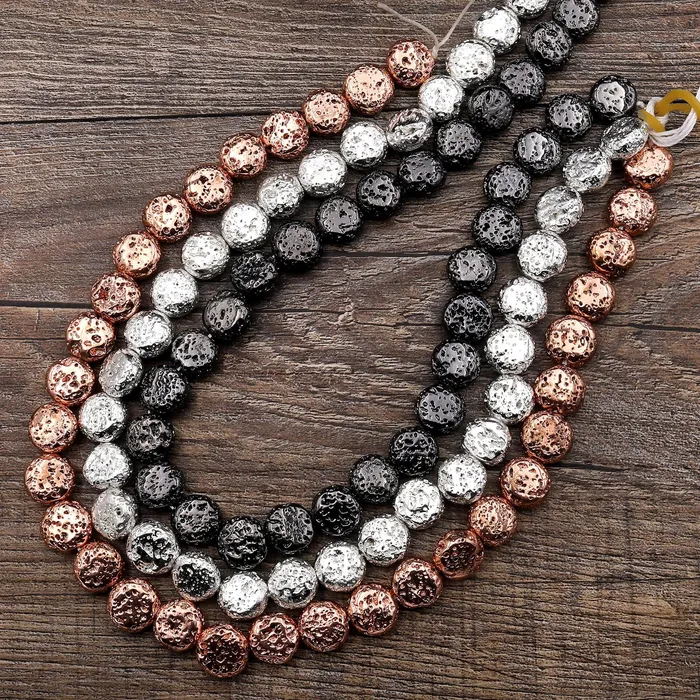 Intrinsic Trading Necklaces Titanium Lava Coin Bead 12mm Natural Volcanic Rock Stone Metallic Silver Black Gunmetal Rose Gold Plated 155 Strand