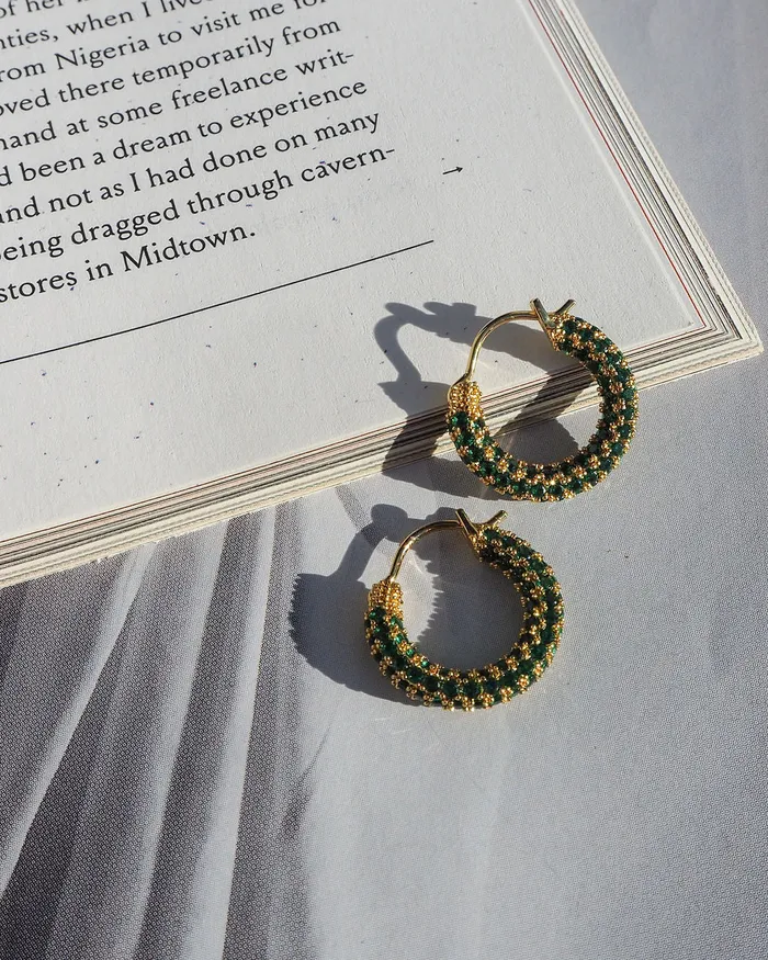 Luv Aj Earrings Pave Amalfi Huggies Emerald Green Silver Luv Aj Earrings Pave Amalfi Huggies Emerald Green Silver