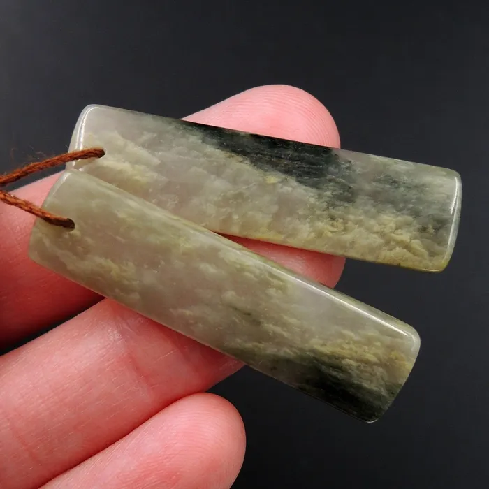 Natural Green Cloudy Quartz Rectangle Cabochon Cab Pair Drilled Gemstone Pair Matched Earrings Natural Stone Bead Pair E3000 Intrinsic Trading Earrings
