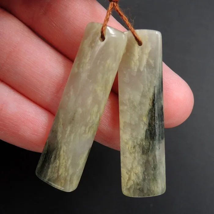 Natural Green Cloudy Quartz Rectangle Cabochon Cab Pair Drilled Gemstone Pair Matched Earrings Natural Stone Bead Pair E3000 Intrinsic Trading Earrings