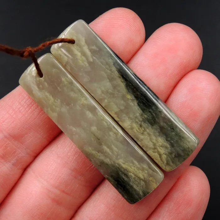 Natural Green Cloudy Quartz Rectangle Cabochon Cab Pair Drilled Gemstone Pair Matched Earrings Natural Stone Bead Pair E3000 Intrinsic Trading Earrings