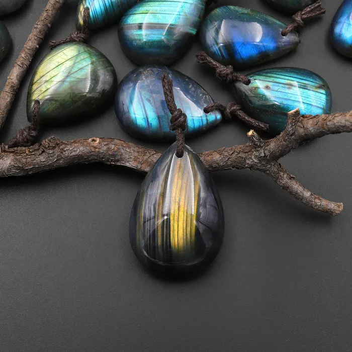 Necklaces Intrinsic Trading AAA Natural Rainbow Labradorite Teardrop W Stripes Front Drilled Pendant A2