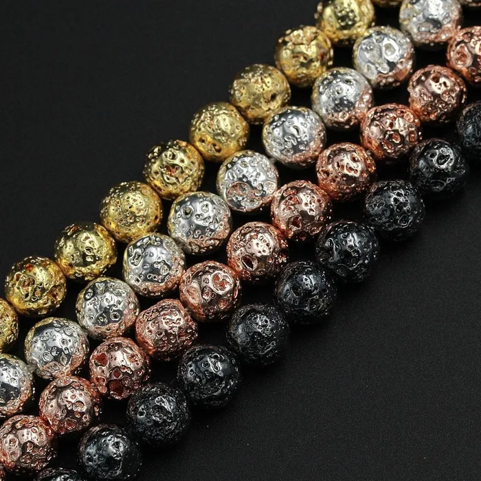 Necklaces Intrinsic Trading Titanium Lava Round Bead 4mm 6mm 8mm 10mm Metallic Natural Volcanic Rock Stone Gunmetal Black Silver Rose Gold Electroplated 16 Strand