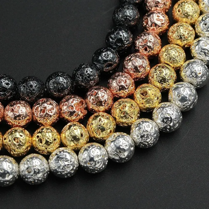 Necklaces Intrinsic Trading Titanium Lava Round Bead 4mm 6mm 8mm 10mm Metallic Natural Volcanic Rock Stone Gunmetal Black Silver Rose Gold Electroplated 16 Strand