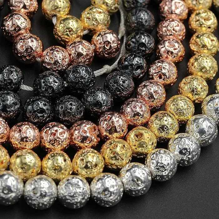 Necklaces Intrinsic Trading Titanium Lava Round Bead 4mm 6mm 8mm 10mm Metallic Natural Volcanic Rock Stone Gunmetal Black Silver Rose Gold Electroplated 16 Strand