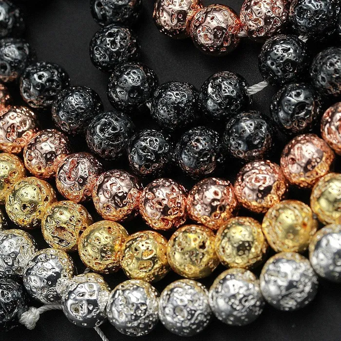 Necklaces Intrinsic Trading Titanium Lava Round Bead 4mm 6mm 8mm 10mm Metallic Natural Volcanic Rock Stone Gunmetal Black Silver Rose Gold Electroplated 16 Strand