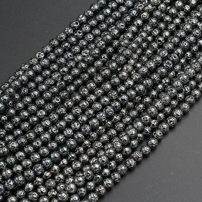 Necklaces Intrinsic Trading Titanium Lava Round Bead 4mm 6mm 8mm 10mm Metallic Natural Volcanic Rock Stone Gunmetal Black Silver Rose Gold Electroplated 16 Strand