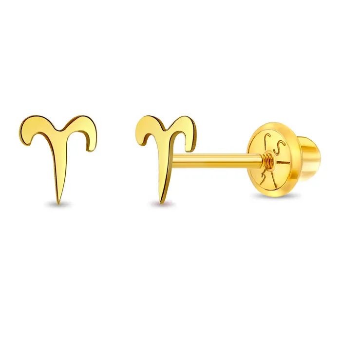 14k Gold Dainty Aries Zodiac Baby Toddler Kids Earrings Safety Screw Back Split Earrings