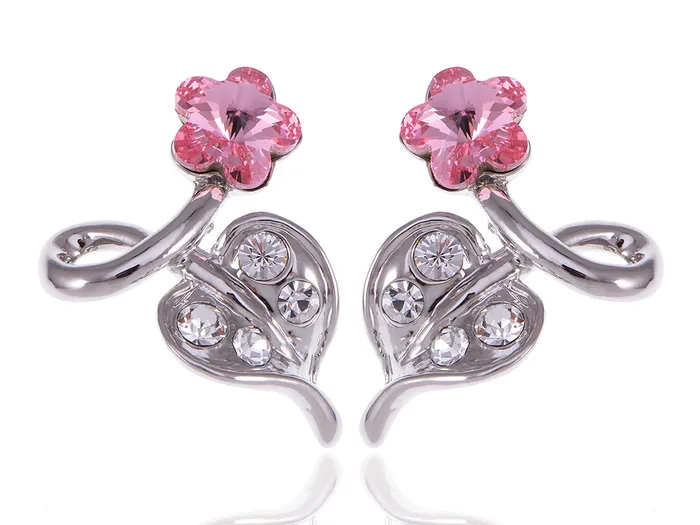 Alilang Earrings Swarovski Crystal Element Silver Pink Flower Leaf Swirl Stud Earrings Alilang Earrings Swarovski Crystal Element Silver Pink Flower Leaf Swirl Stud Earrings