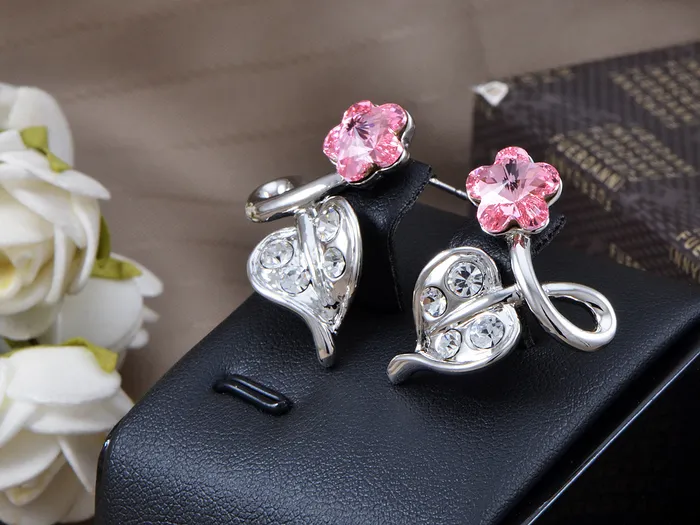 Alilang Earrings Swarovski Crystal Element Silver Pink Flower Leaf Swirl Stud Earrings Alilang Earrings Swarovski Crystal Element Silver Pink Flower Leaf Swirl Stud Earrings