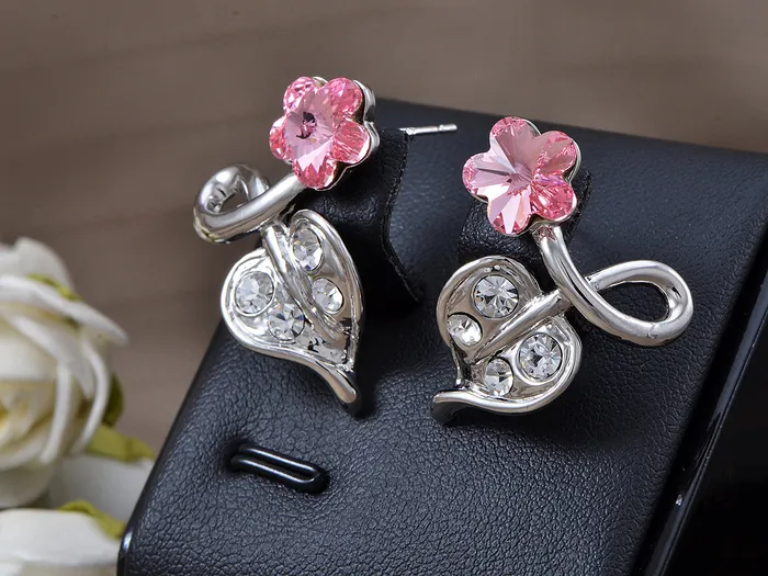 Alilang Earrings Swarovski Crystal Element Silver Pink Flower Leaf Swirl Stud Earrings Alilang Earrings Swarovski Crystal Element Silver Pink Flower Leaf Swirl Stud Earrings