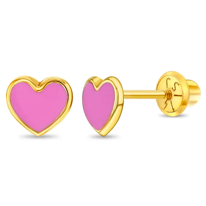 Baby Screw Back Earrings Earrings 14k Gold Pink Heart Baby Toddler Kids Earrings Safety Screw Back Enamel Baby Screw Back Earrings Earrings 14k Gold Pink Heart Baby Toddler Kids Earrings Safety Screw Back Enamel