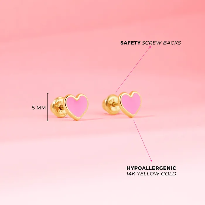 Baby Screw Back Earrings Earrings 14k Gold Pink Heart Baby Toddler Kids Earrings Safety Screw Back Enamel