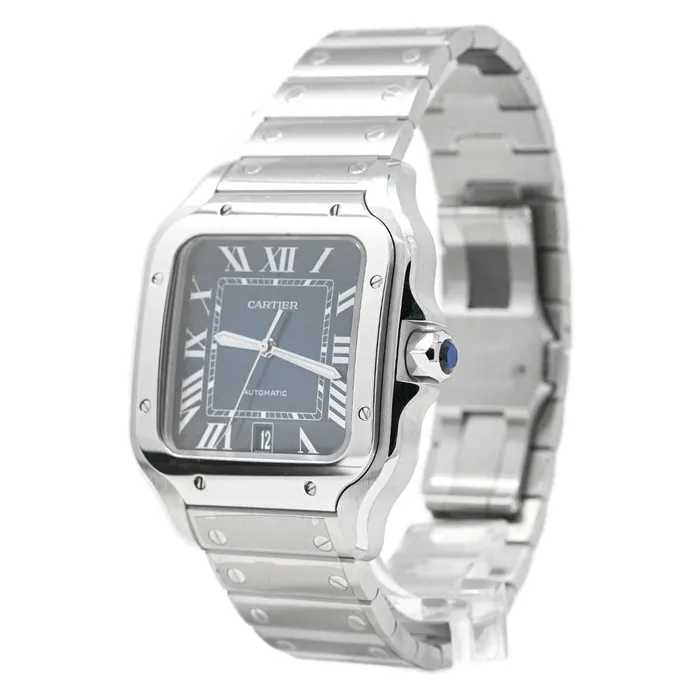 Bracelets Happy Jewelers Cartier Mens Santos Stainless Steel 398mm Blue Roman Dial Watch Reference WSSA0030