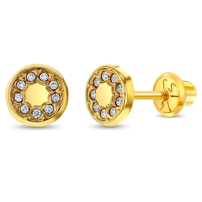 Earrings Baby Screw Back Earrings 14k Gold Round CZ Encrusted Kids Childrens Girls Earrings Safety Screw Back Earrings Baby Screw Back Earrings 14k Gold Round CZ Encrusted Kids Childrens Girls Earrings Safety Screw Back
