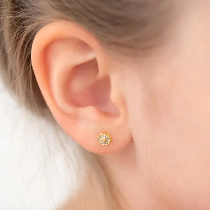 Earrings Baby Screw Back Earrings 14k Gold Round CZ Encrusted Kids Childrens Girls Earrings Safety Screw Back