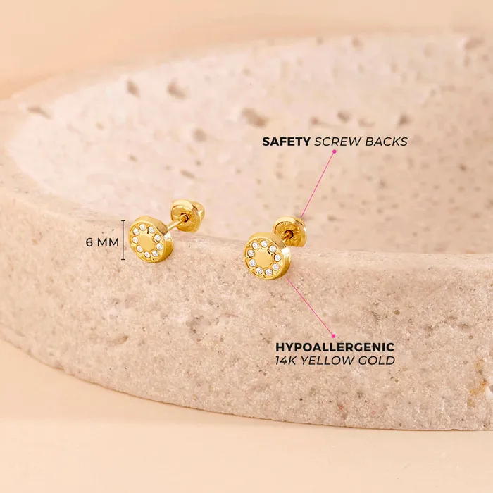 Earrings Baby Screw Back Earrings 14k Gold Round CZ Encrusted Kids Childrens Girls Earrings Safety Screw Back