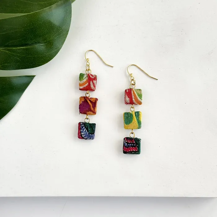 Earrings Kantha Fluid Square Trio Earrings WorldFinds