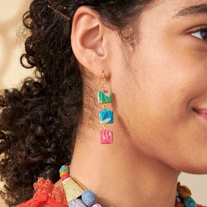 Earrings Kantha Fluid Square Trio Earrings WorldFinds