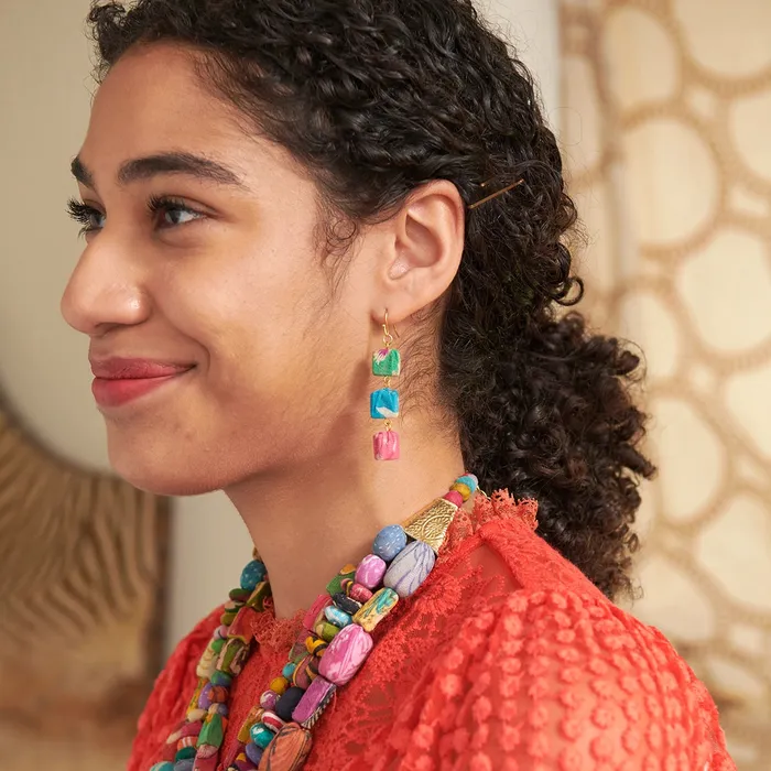Earrings Kantha Fluid Square Trio Earrings WorldFinds