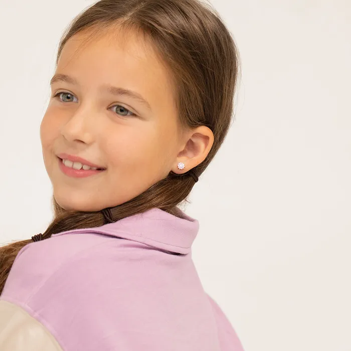 Earrings Kids Screw Back Earrings Pink Clear CZ Flower Kids Childrens Girls Earrings Screw Back Sterling Silver