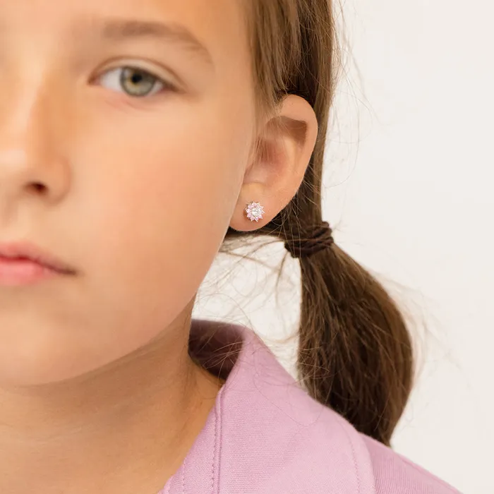 Earrings Kids Screw Back Earrings Pink Clear CZ Flower Kids Childrens Girls Earrings Screw Back Sterling Silver