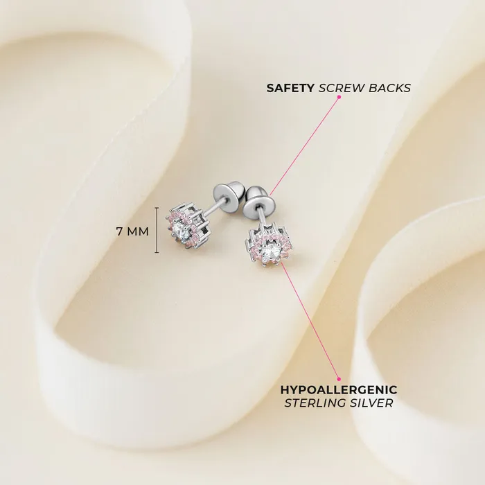 Earrings Kids Screw Back Earrings Pink Clear CZ Flower Kids Childrens Girls Earrings Screw Back Sterling Silver