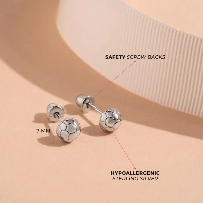 Earrings Polished Soccer Ball Kids Childrens Girls Earrings Screw Back Sterling Silver Kids Screw Back Earrings